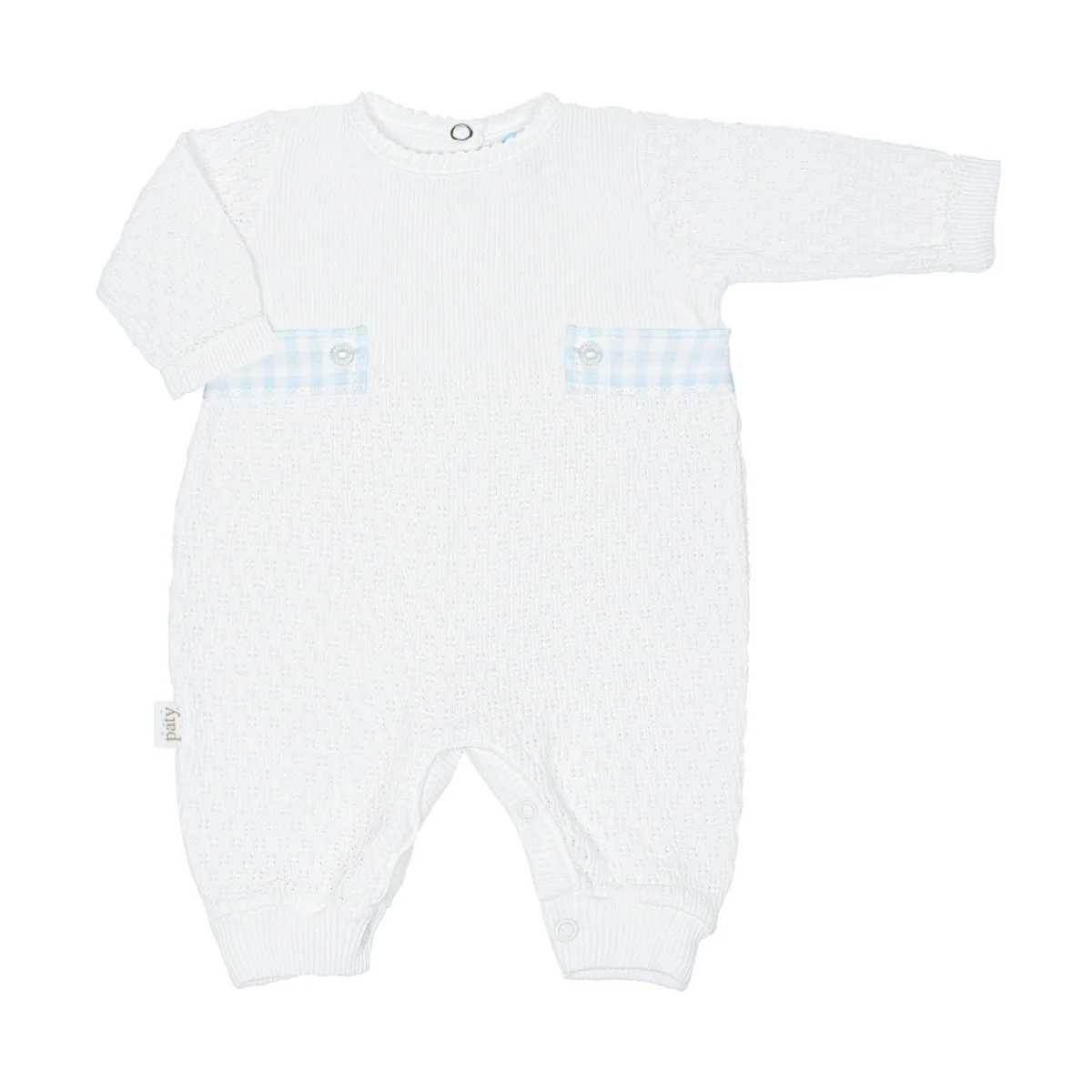 Long Sleeve Romper with Gingham Tabs - Light Blue
