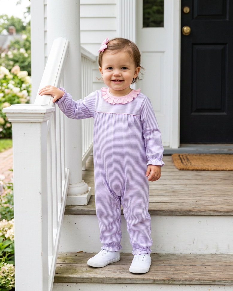 Audrey Romper- Lavender Stripe/Light Pink
