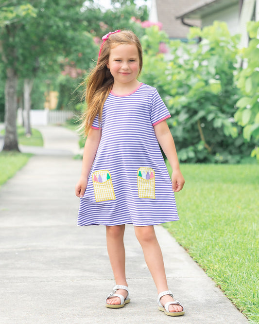 Crayon Pocket Dress- Lavender Stripe