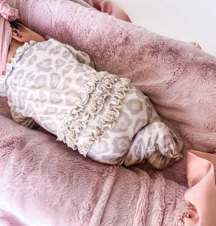 Natural Leopard | Ruffle Bamboo Baby Zip Footie