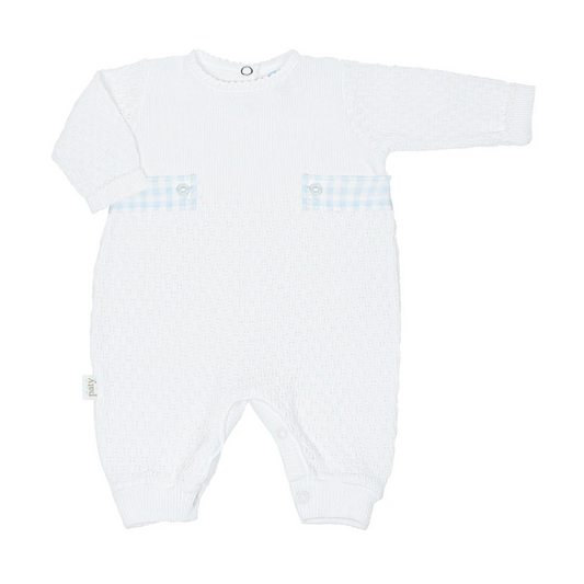 Long Sleeve Romper with Gingham Tabs - Light Blue