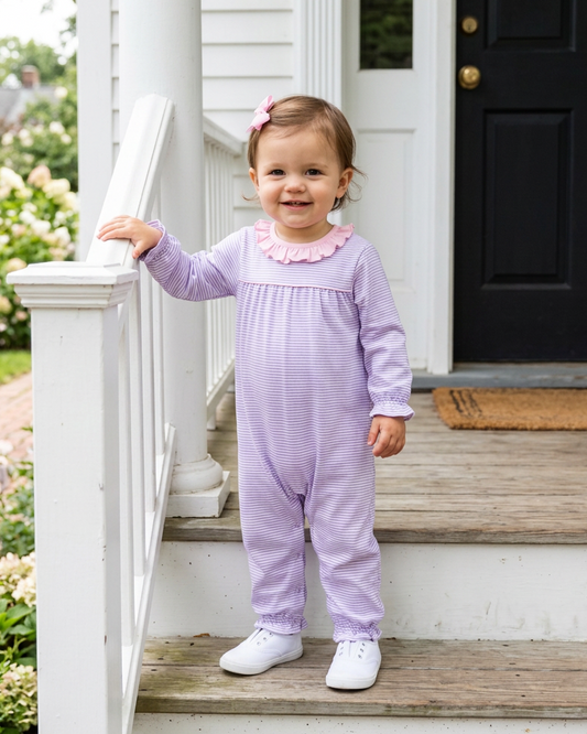 Audrey Romper- Lavender Stripe/Light Pink