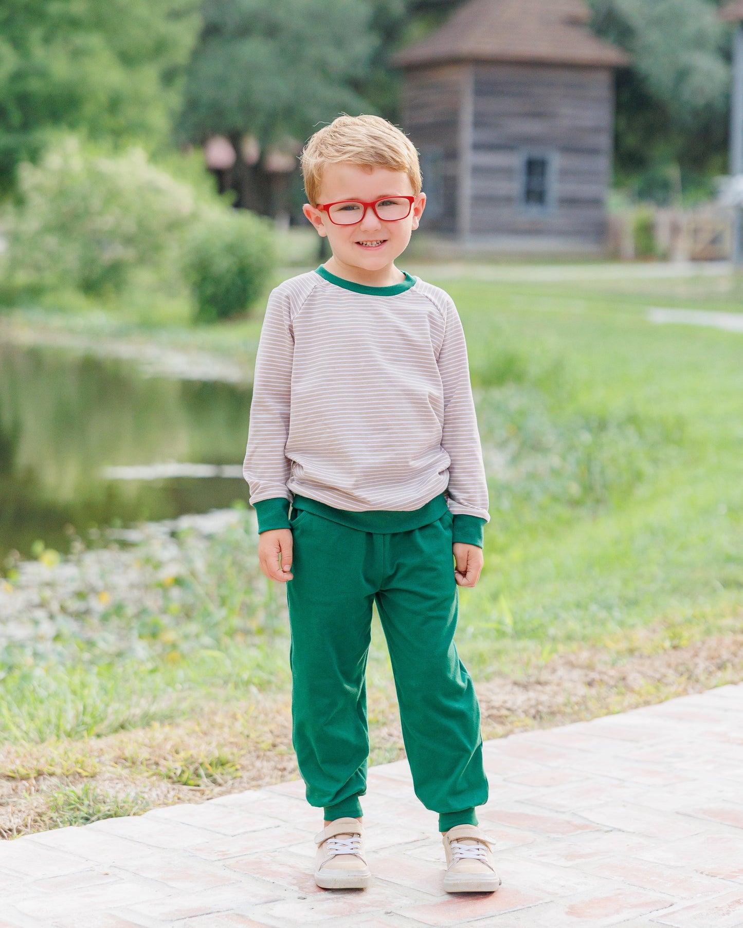 Connor Jogger Set- Tan Stripe/Hunter Green