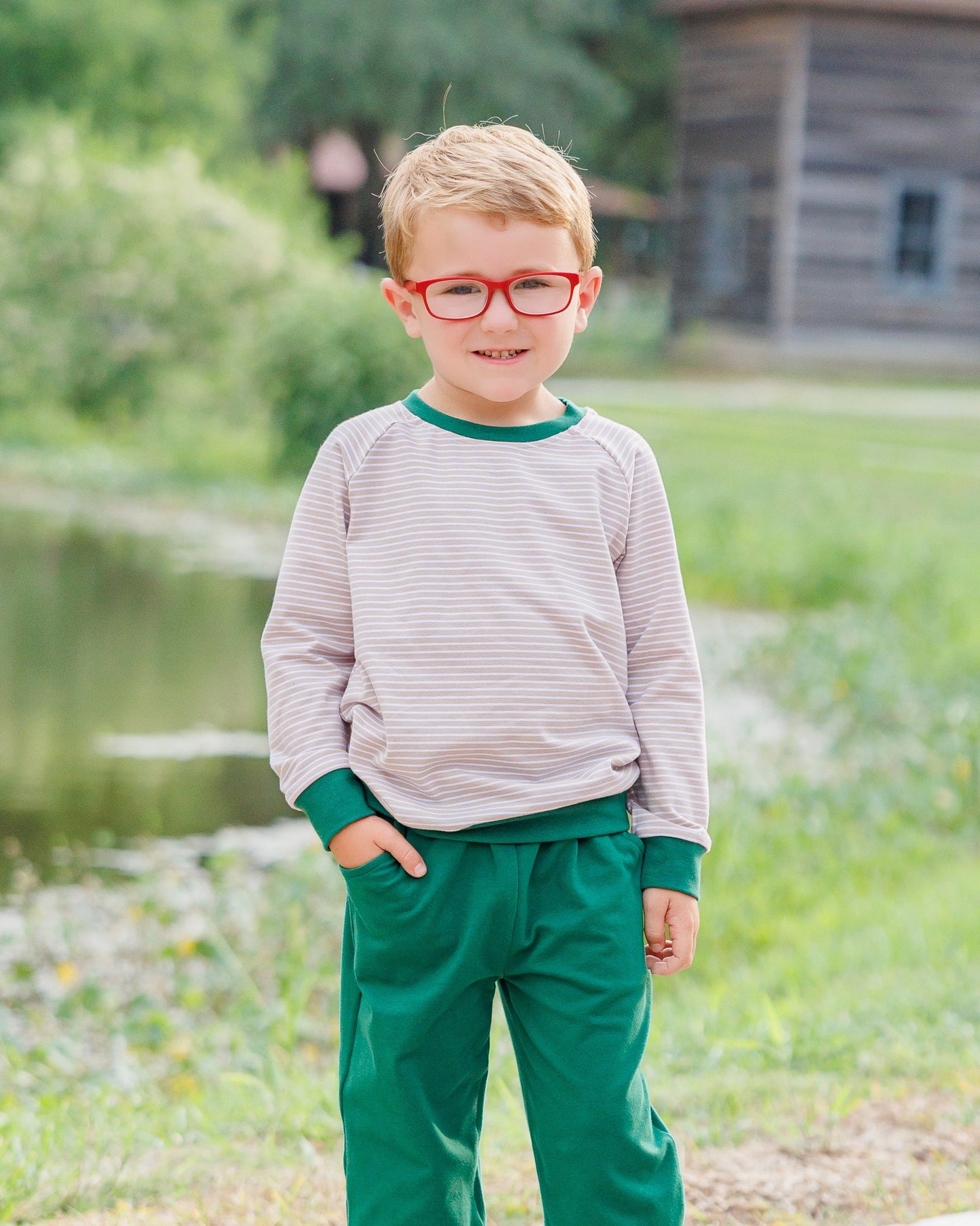 Connor Jogger Set- Tan Stripe/Hunter Green