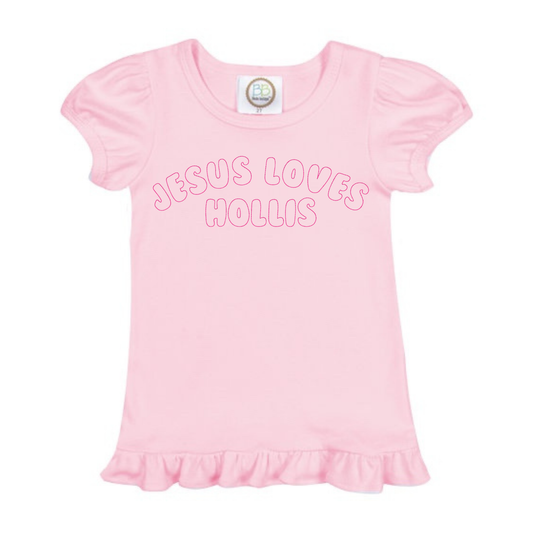 Girls Jesus Loves Me Short Sleeve Ruffle Shirt