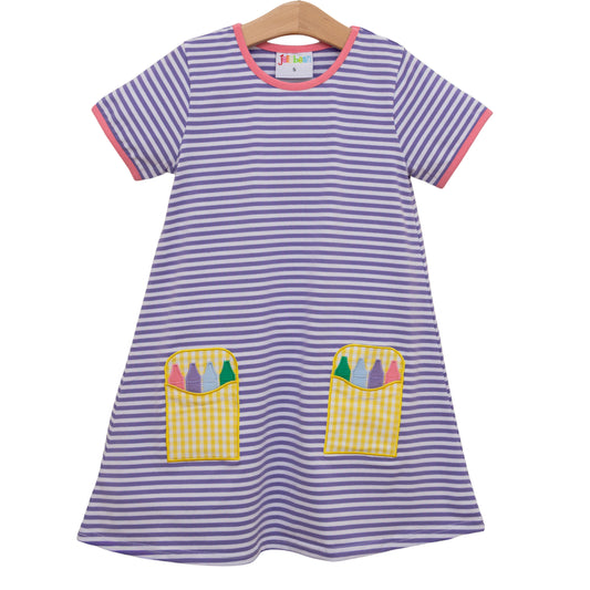 Crayon Pocket Dress- Lavender Stripe