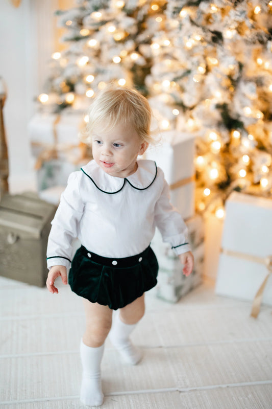 Green Velvet Boys Monogram Bubble- PRE ORDER Mid-Late November