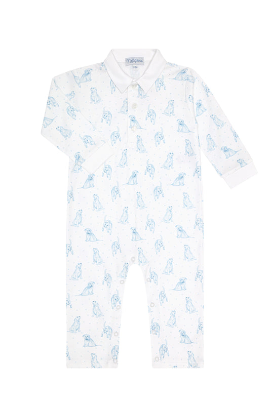 Blue Puppy Love Print Romper long sleeve
