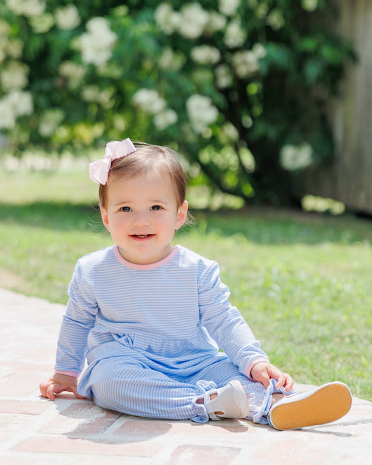 Sadie Romper- Light Blue Stripe/Light Pink