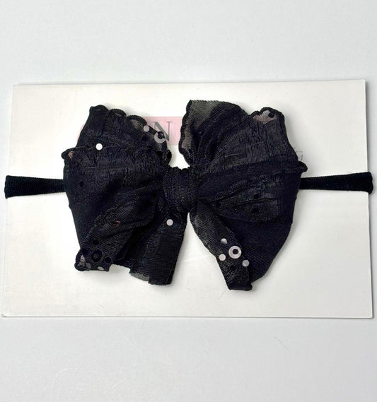 Skinny Mini Ruffled Headband- Black Sequin