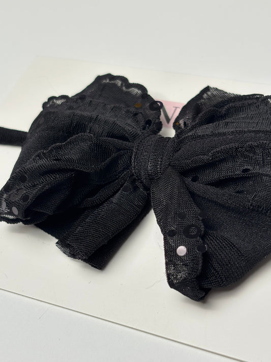 Skinny Mini Ruffled Headband- Black Sequin