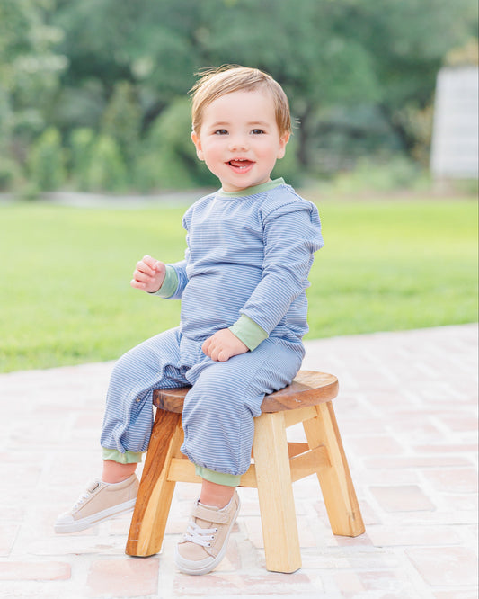 Thomas Romper- Dusty Blue Stripe/Sage