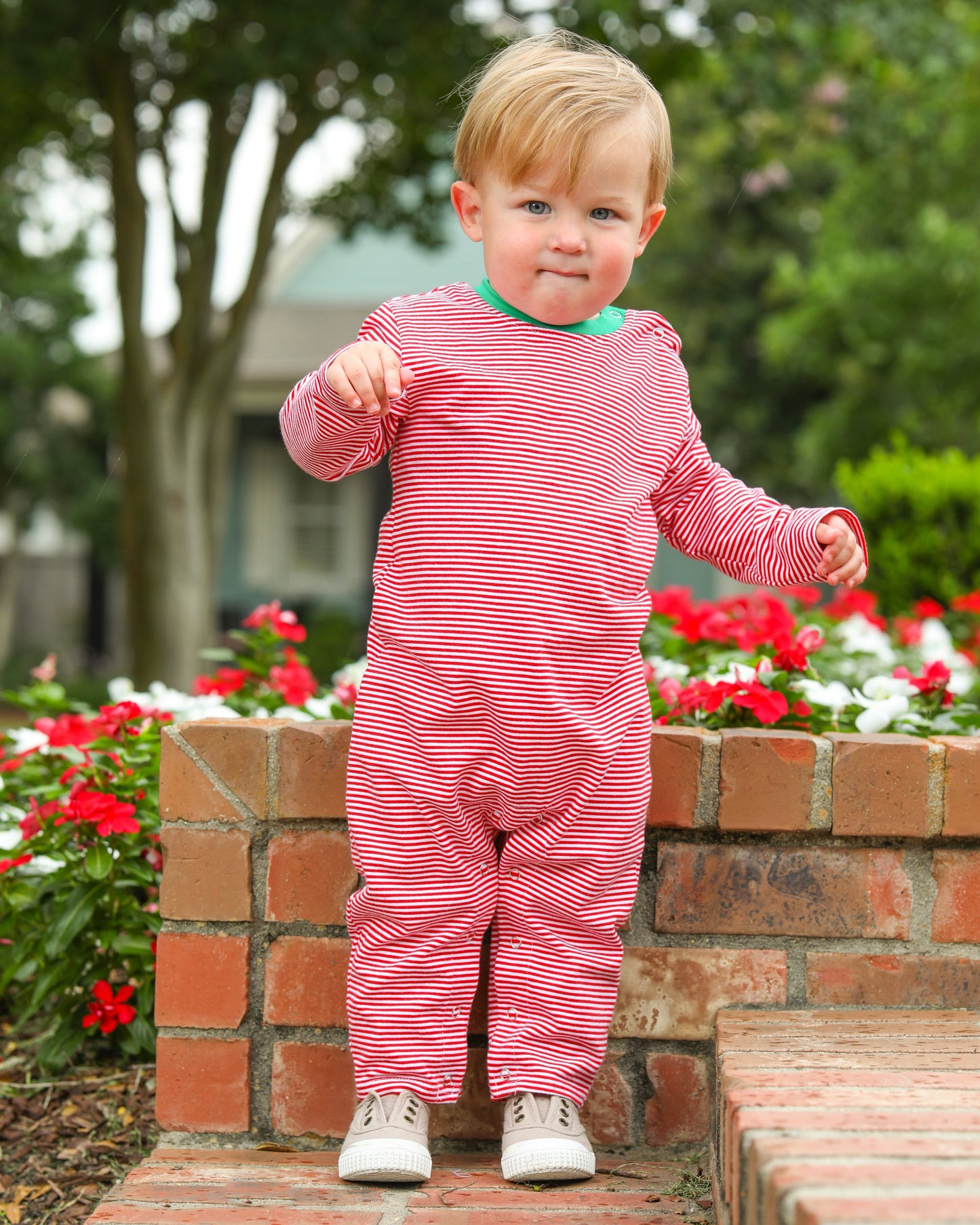 Thomas Romper- Red Stripe & Green