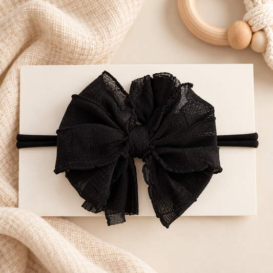 Black | Skinny Mini Nylon Ruffled Baby Headband